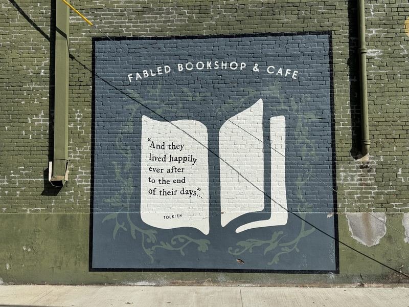 The Bookshop That Spoils the Ending — Fabled Bookshop & Café book mural, Waco, Texas