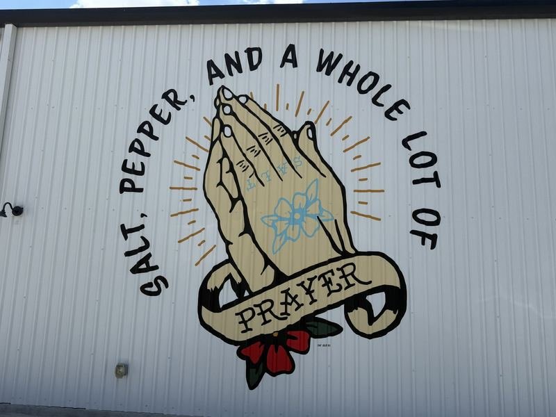 Salt, Pepper, and a Whole Lot of Prayer — Helberg Barbecue's motto wall, Waco, Texas
