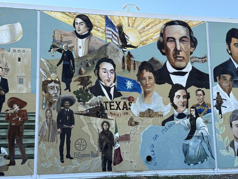 The history panel of La Dignidad with José Antonio Navarro, the Texas map, El Camino Real and the date March 2, 1836
