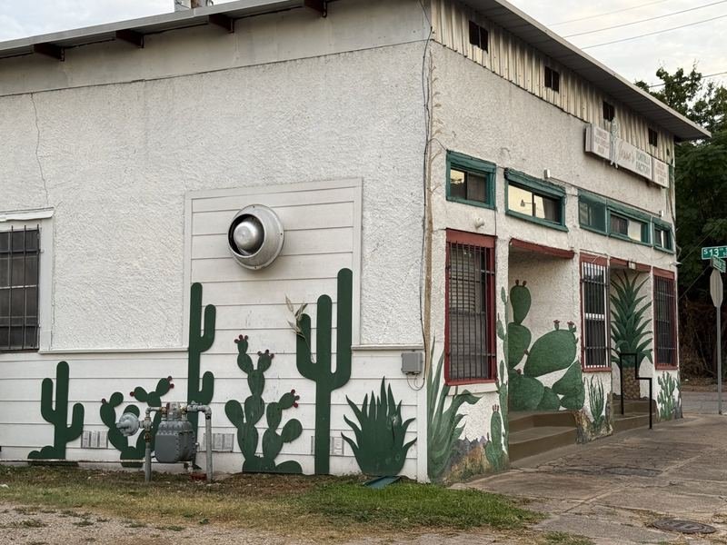 Cactus at the Tortilla Factory — Round the back — cut-out saguaros by the gas meter