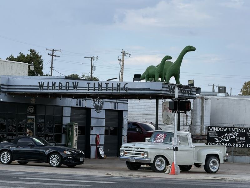 Two Dinosaurs on a Tint Shop Roof — statue in Waco, Texas