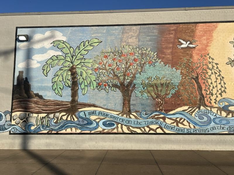Water on the Thirsty Land — The west end — palm, fruit tree, olive